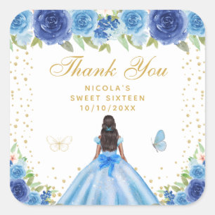 Blauwe Bloemige Donkere Huid Prinses Sweet Sixteen Vierkante Sticker