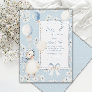Blauwe bloemige eend met ballonnen Elegante baby s Kaart