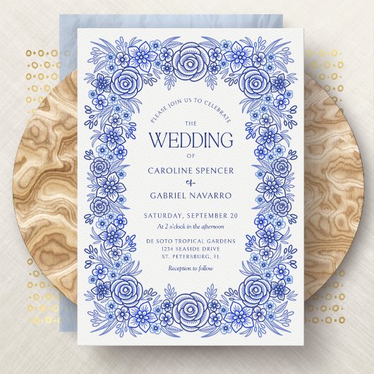 Blauwe Bloemige Franse Chinoiserie Bruiloft Kaart