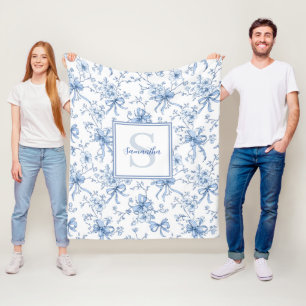 Blauwe Bloemige Franse Toile Monogram Naam Fleece Deken