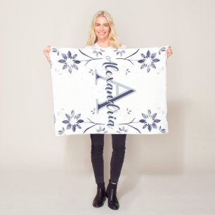 Blauwe Bloemige Gepersonaliseerde Monogram Naam Fleece Deken