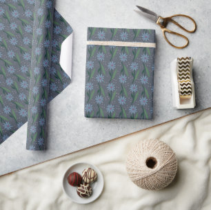Blauwe Bloemige Handgetekende Retro Cadeaupapier