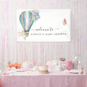 Blauwe Bloemige Heet Luchtballon Baby Shower Spandoek