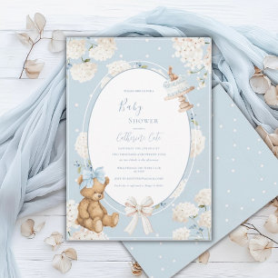 Blauwe Bloemige Hortensia Elegante Beer Baby Showe Kaart