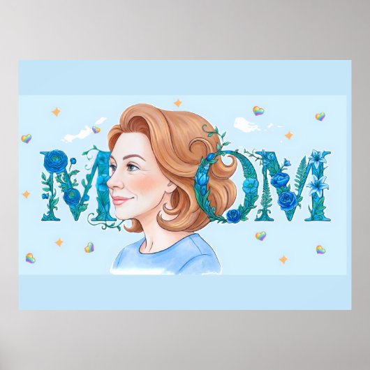Blauwe Bloemige Moeder Poster (Voorkant)