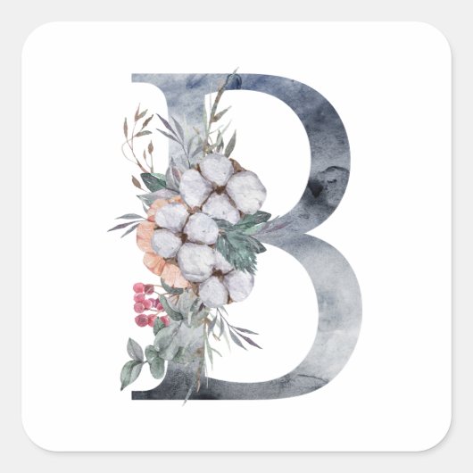 Blauwe Bloemige Monogram Initiaal B Vierkante Sticker (Voorkant)