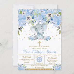 Blauwe Bloemige Mooie Olifant Doop Christening Kaart