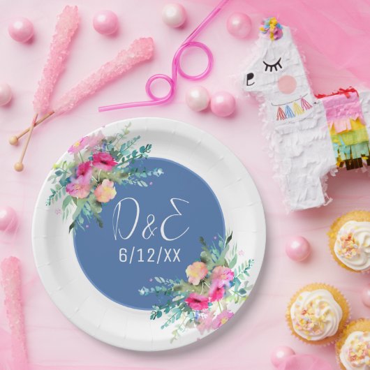 Blauwe bloemige roze roos knop trouw persoonlijk papieren bordje (Feest)