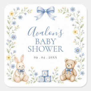 Blauwe bloemige teddybeer konijn kinderkamer babys vierkante sticker
