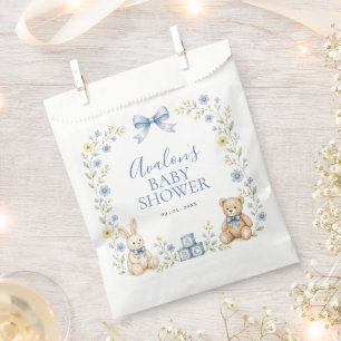 Blauwe bloemige teddybeer konijn kraamfeest baby s bedankzakje