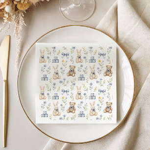 Blauwe bloemige teddybeer konijn kraamfeest baby s servet