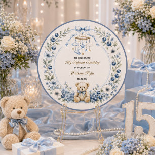 Blauwe bloemige teddybeer verjaardagsfeestje vijft ronde sticker