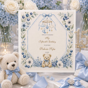 Blauwe bloemige teddybeer verjaardagsfeestje vijft servet