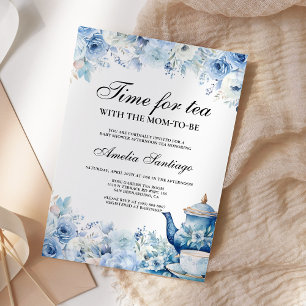 Blauwe Bloemige Thee Met Moeder Worden Baby Shower Kaart