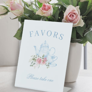 Blauwe bloemige theeparty baby shower favoren reclamebord met voetstuk