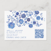 Blauwe bloemige trouw-RSVP QR-code responskaart Informatiekaartje (Voorkant)