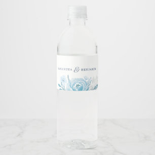 Blauwe Bloemige Trouw Waterverf Persoonlijk Waterfles Etiket