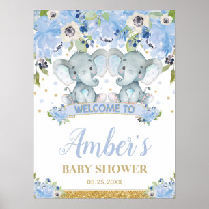 Blauwe Bloemige Tweeling Jongens Olifant Baby Show Poster