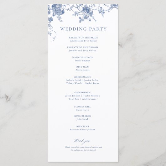 Blauwe Bloemige Victoriaanse Klassieke Bruiloft Programma (Achterkant)