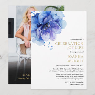 Blauwe Bloemige Viering Van Het Leven Funeral Foto Kaart