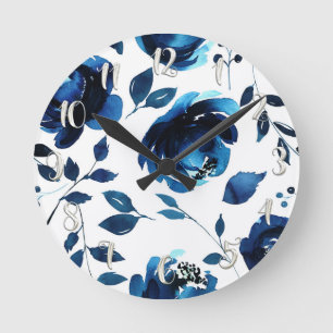 Blauwe Bloemige Waterverf Bloemen Elegant Chic Ronde Klok