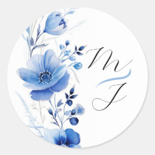 Blauwe Bloemige Waterverf Botanische  Ronde Sticker