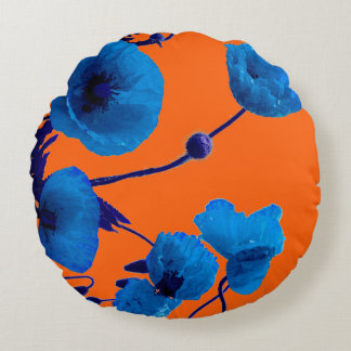 Blauwe Bloemige Waterverf Klaproos Bloemen Zonsond Rond Kussen