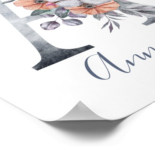 Blauwe Bloemige Waterverf Monogram A Naam Poster (Hoek)