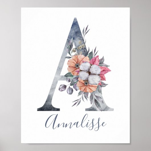 Blauwe Bloemige Waterverf Monogram A Naam Poster (Voorkant)