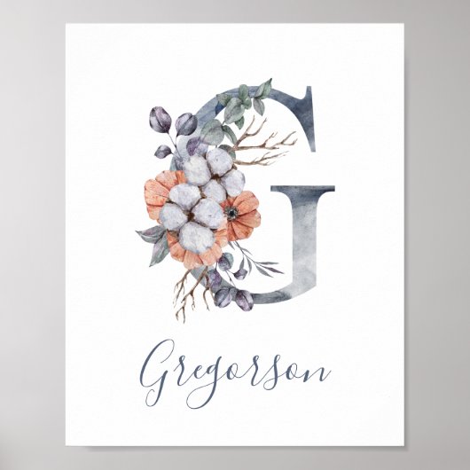 Blauwe bloemige waterverf monogram G achternaam Poster (Voorkant)