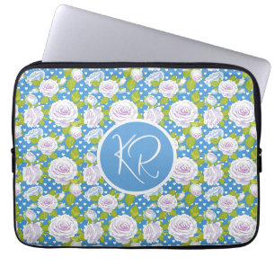 Blauwe Bloemige Witte Roos Trendy Monogram Beginle Laptop Sleeve