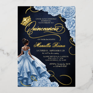Blauwe bloemjurk Quinceañera Folie Uitnodiging