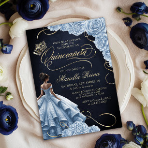 Blauwe bloemjurk Quinceañera Kaart