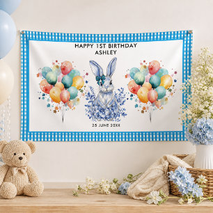 Blauwe bloemkonijn 1e verjaardag voor kinderen Spandoek