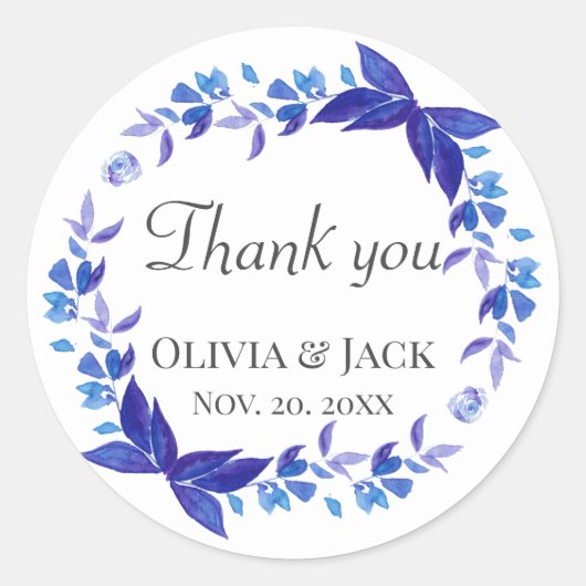 Blauwe bloemkrans dank u bruiloft gunst Sticker (Voorkant)