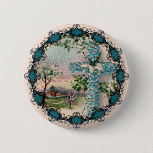 Blauwe Bloemkruis Pasen Knop Ronde Button 5,7 Cm (Voorkant)