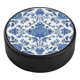 Blauwe Bloemrijke Chinoiserie Witte Waterverf Hockey Puck