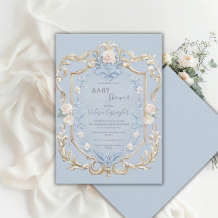 Blauwe Bloemrijke Elegante Gouden Frame Baby Borre Kaart