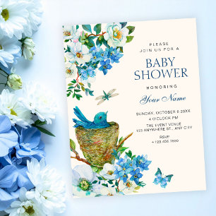 Blauwe bloemrijke vogelkunst elegante baby shower kaart