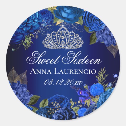 Blauwe bloemrozen diamanten tiara Sweet 16 Ronde Sticker (Voorkant)