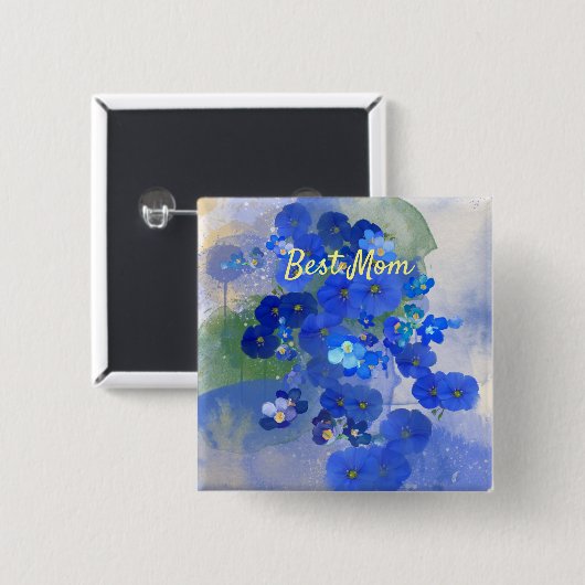 Blauwe bloemspeld vierkante button 5,1 cm (Voorkant /achterkant)