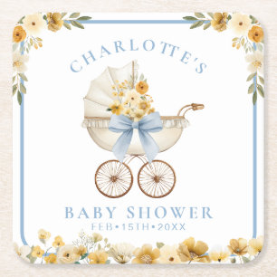 Blauwe Bloemstuk Koets Baby Shower Papieren Onderz Vierkante Kartonnen Onderzetter