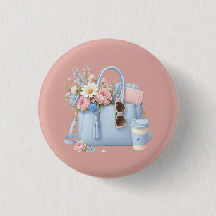 Blauwe bloemtas met zonnebril & koffie ronde button 3,2 cm