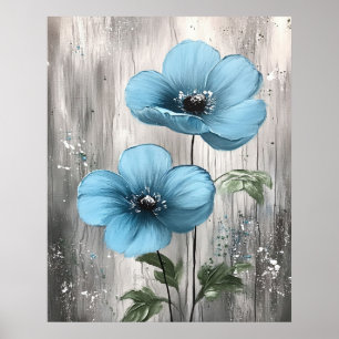 Blauwe Bloesems op Grijs Hout Schilderij Poster