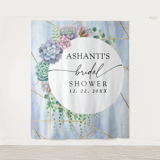 Blauwe Blush Succulent Vrijgezellenfeest achtergro Wandkleed (Voorkant)
