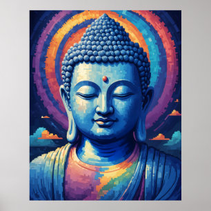 Blauwe Boeddha Multi-Color Moderne Pixel Art Poster