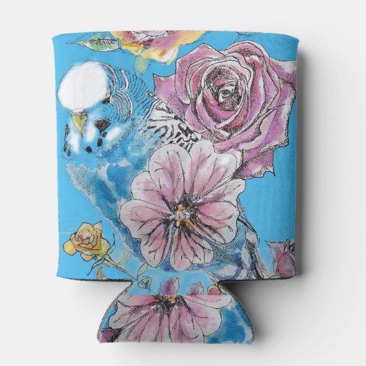 Blauwe boedgie Boedgerigar Roos Waterverf bloemen Blikjeskoeler (Achterkant)