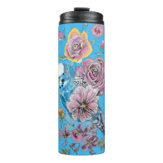 Blauwe boedgie Boedgerigar Roos Waterverf bloemen Thermosbeker (Voorkant)
