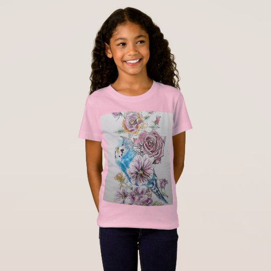 Blauwe boedgie en rode rozenbloemen Meisjes T Shir T-shirt (Voorkant volledig)
