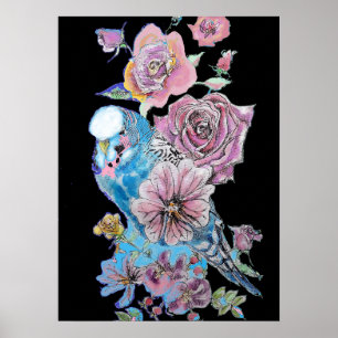 Blauwe boedgie Red Rose Black Waterverf art Poster